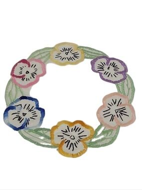 Vintage Hand-Embroidered Pansy Doily 9.25"
